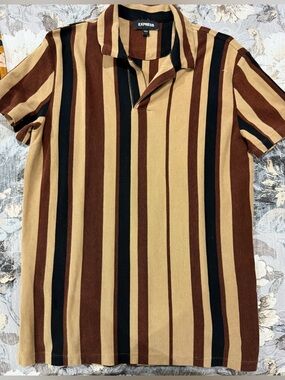 Express Men’s Short Sleeve Polo - Brown, Tan & Black Vertical Stripe